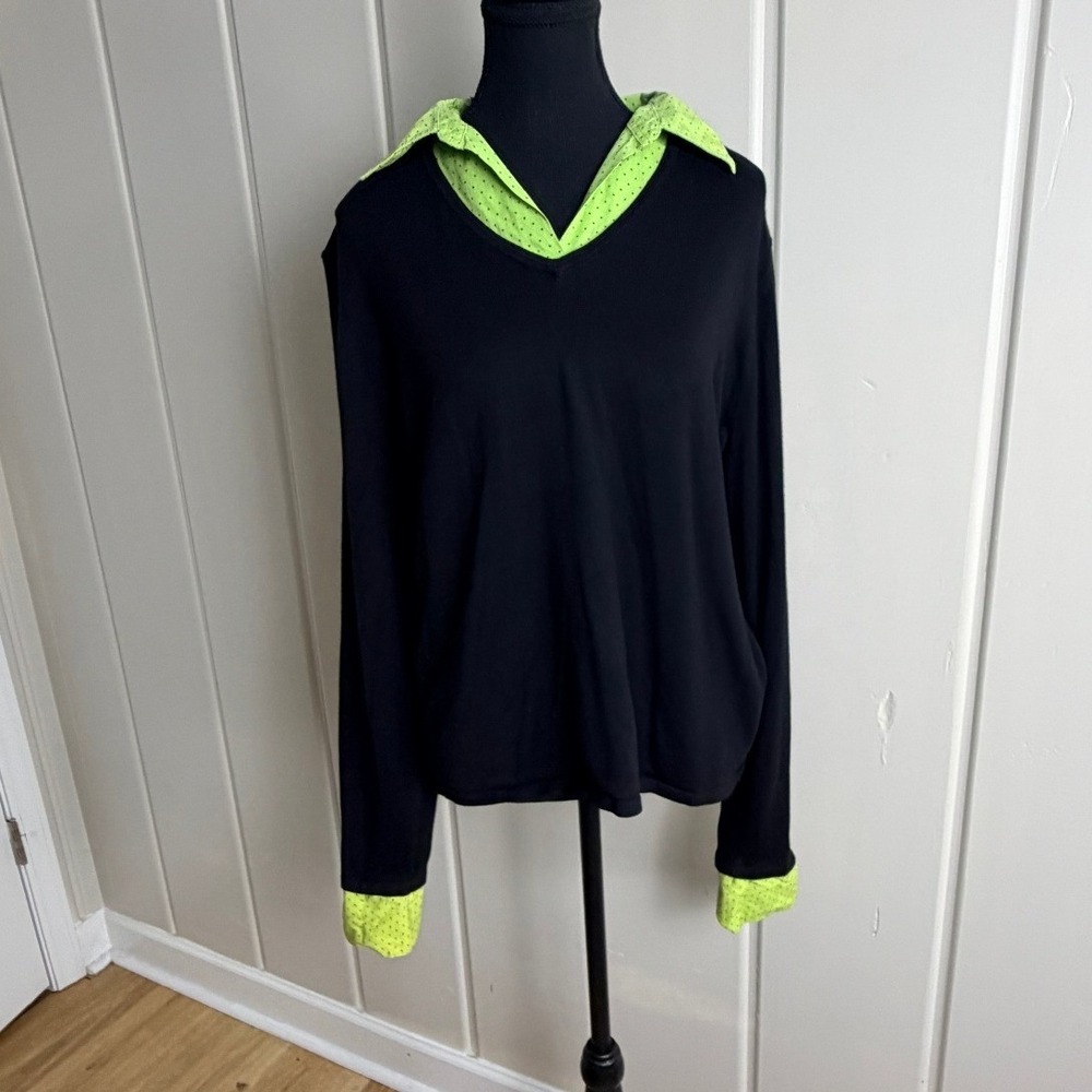 Notations Womens XL Black V-Neck Sweater Neon Green Polka Dot Layered Top - Picture 8 of 8
